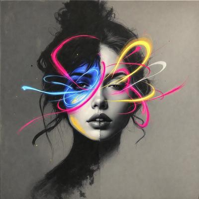 The primary subject of the image is a woman with a ponytail. She is wearing a black shirt and has a colorful background. The visual style of the image is a combination of a photo and digital art, creating a unique and eye-catching portrait. The colors and mood of the image are vibrant and lively, with the woman's hair and the background featuring a mix of pink, blue, yellow, and orange hues.